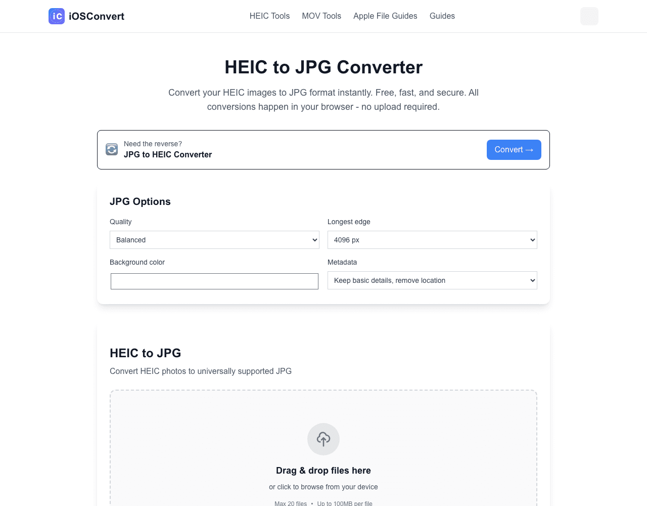 The current iOSConvert HEIC to JPG quality, dimensions, background, and metadata controls